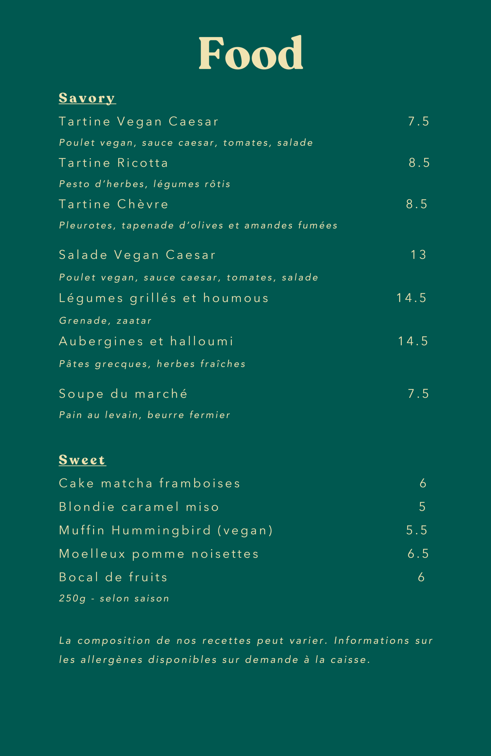 Menu des plats et pâtisseries