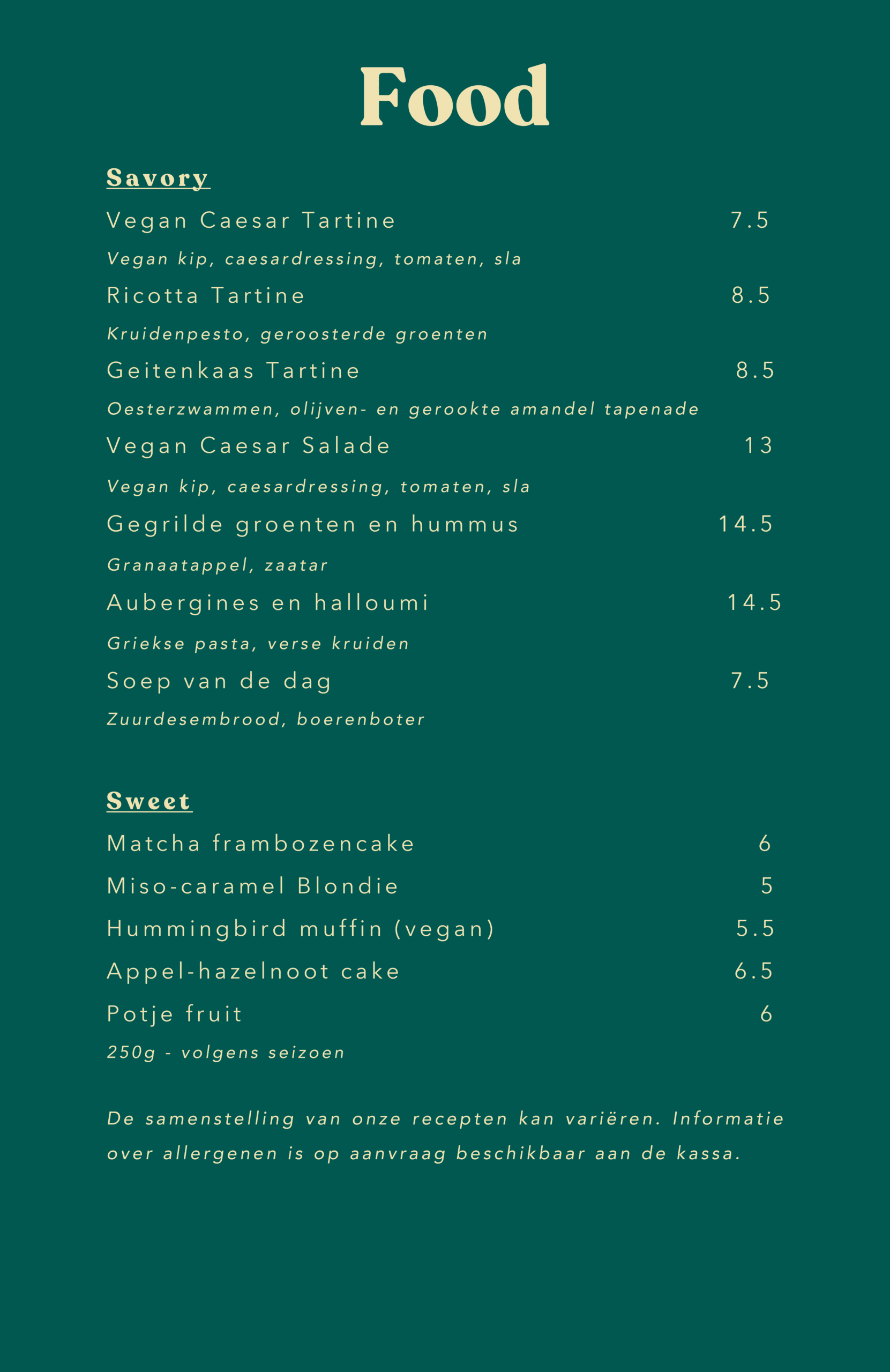 Menu van gerechten en gebak