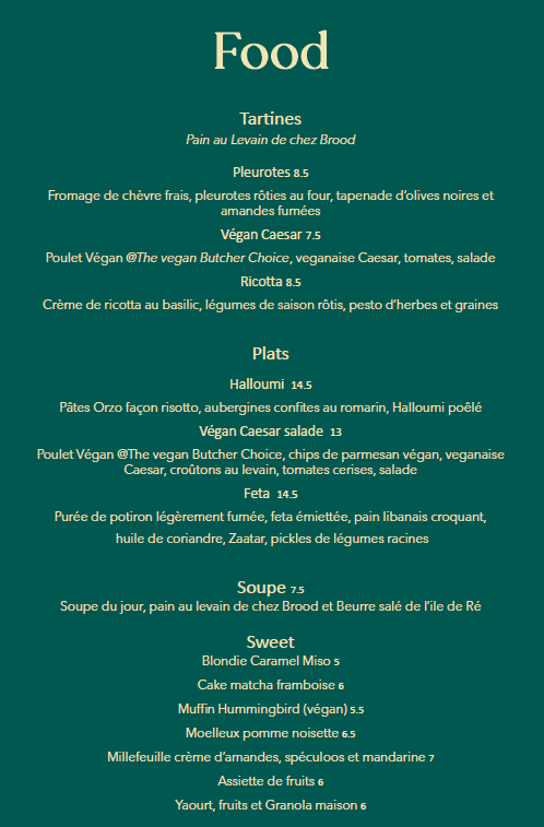 Menu des plats et pâtisseries